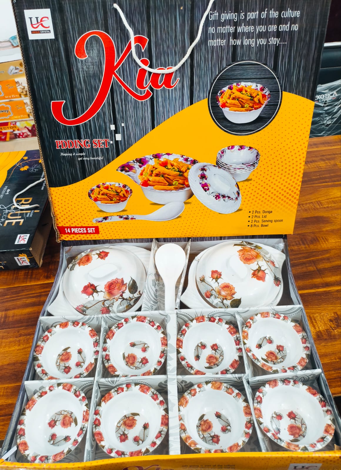 kia pudding set (uc crystal – red rose design) – 14 pieces set