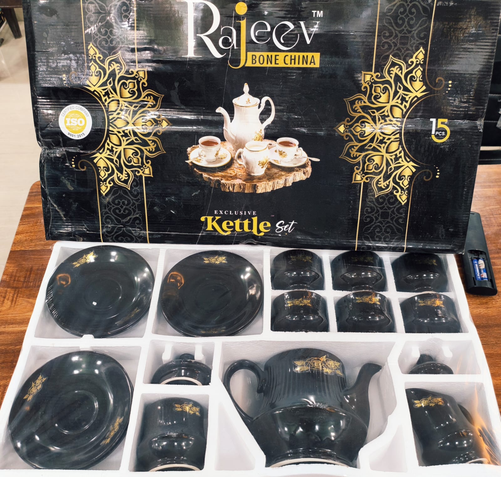 rajeev bone china exclusive kettle set (15 pcs. – black with golden design)