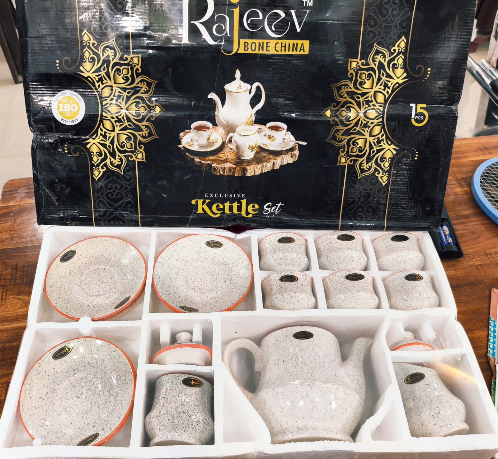 rajeev bone china exclusive kettle set (15 pcs. – white with orange border)